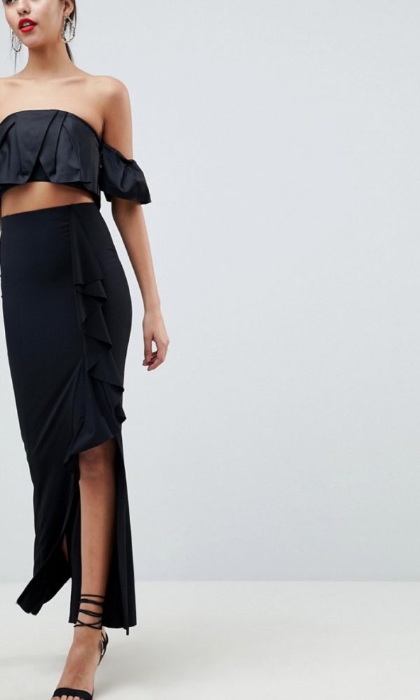 Slinky Maxi Skirt With Split And Front Ruffle